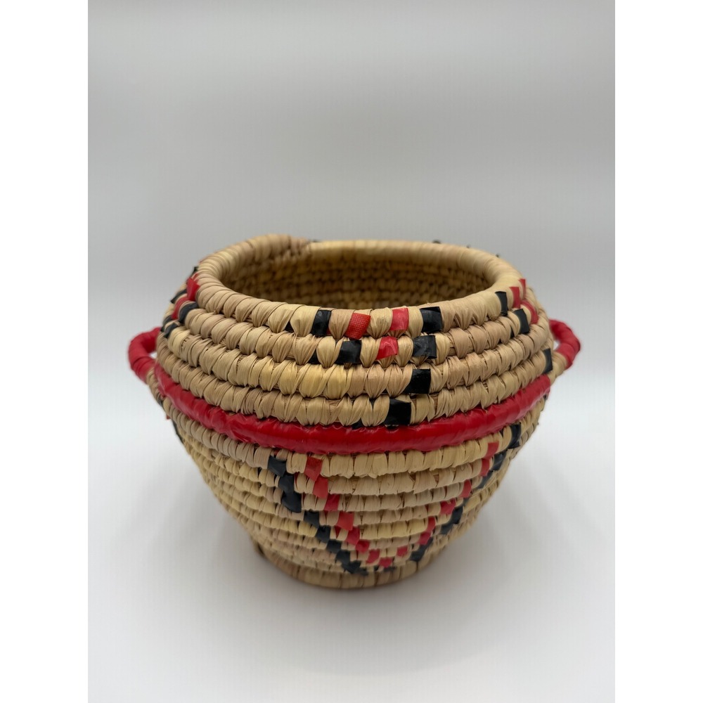 Handmade Woven Coiled Basket Red Black Geometric Pattern with Handles